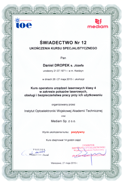 Certyfikat d2 obsługa laserów